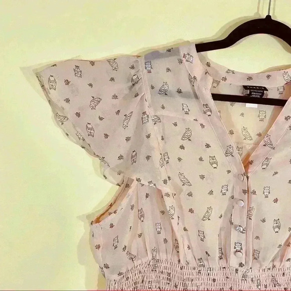 Torrid Mauve “Owl” Print V-Neck Cap Sleeve Chiffon Peplum Peasant Top Size 14/16 - Picture 6 of 12